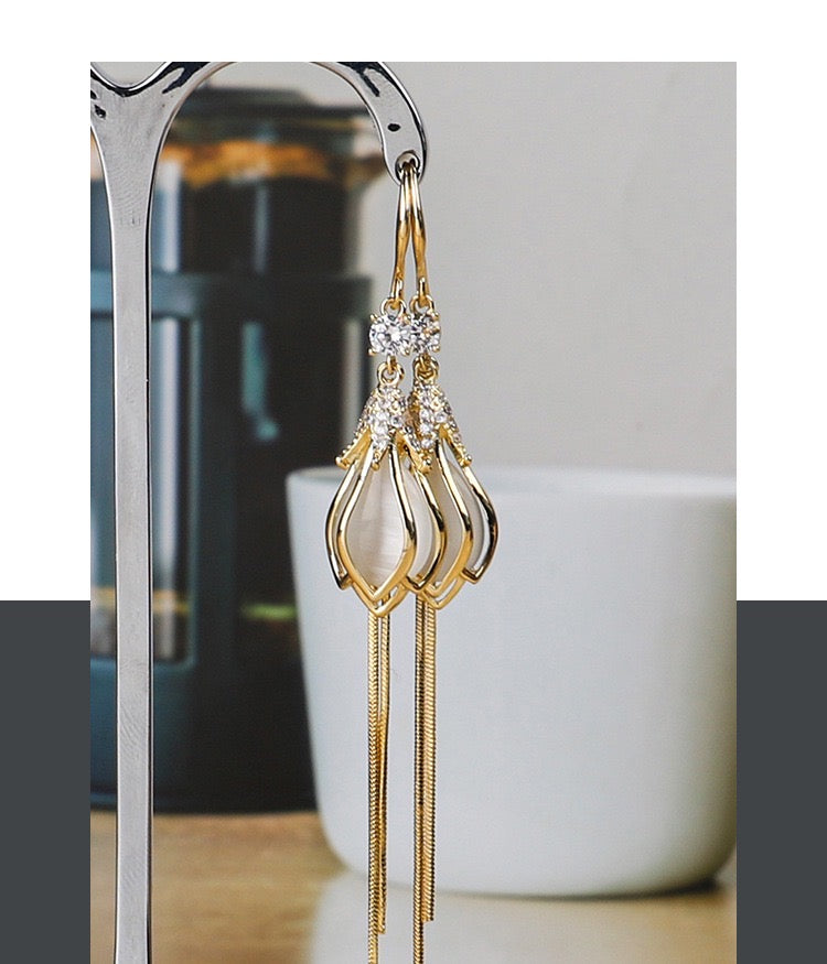 Opal Flower Bud with Tassels Earrings