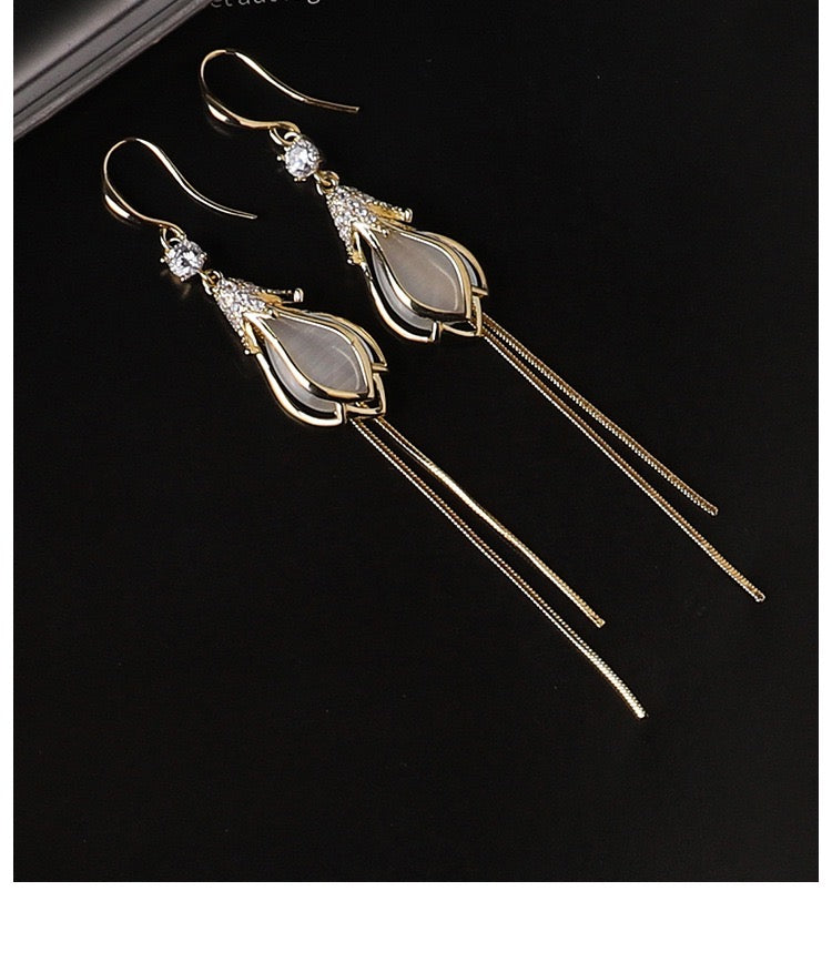 Opal Flower Bud with Tassels Earrings