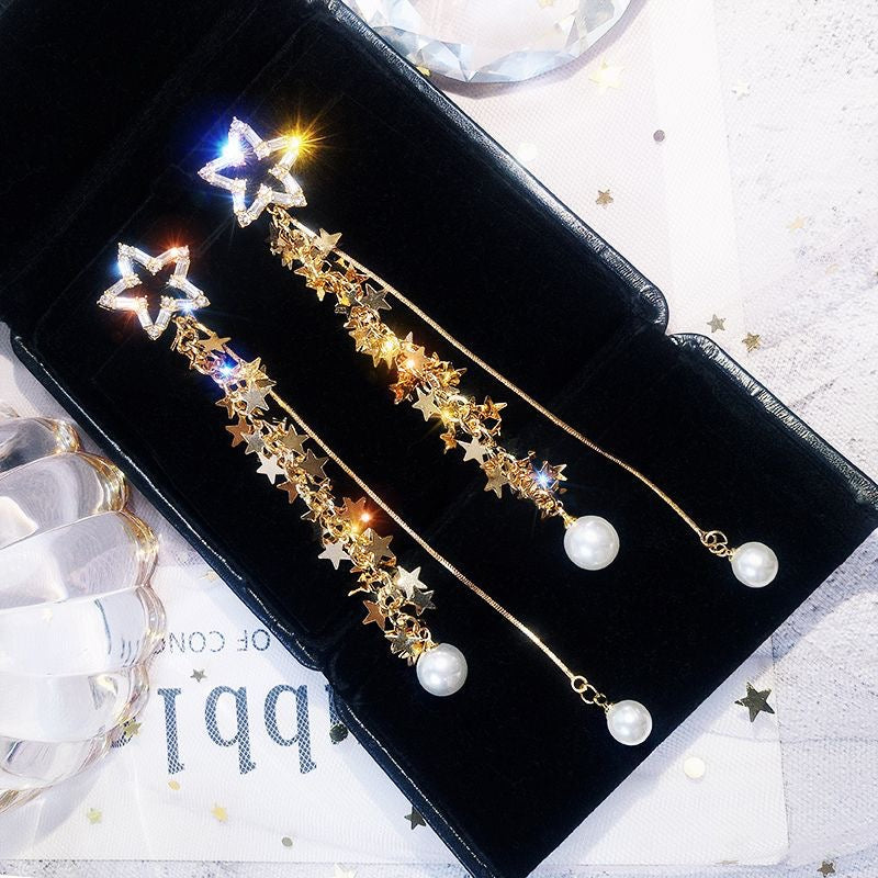 BlingBling Stars Tassel with Pearl Earrings
