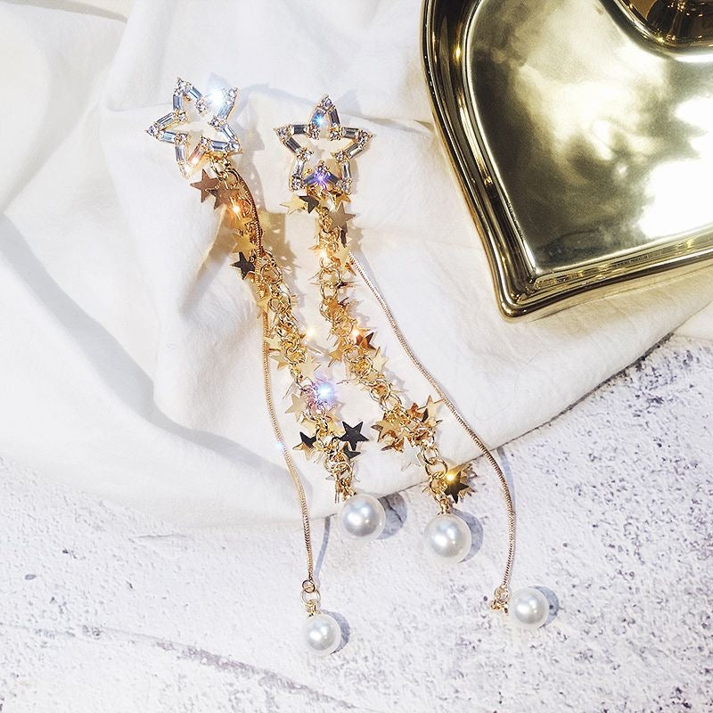 BlingBling Stars Tassel with Pearl Earrings