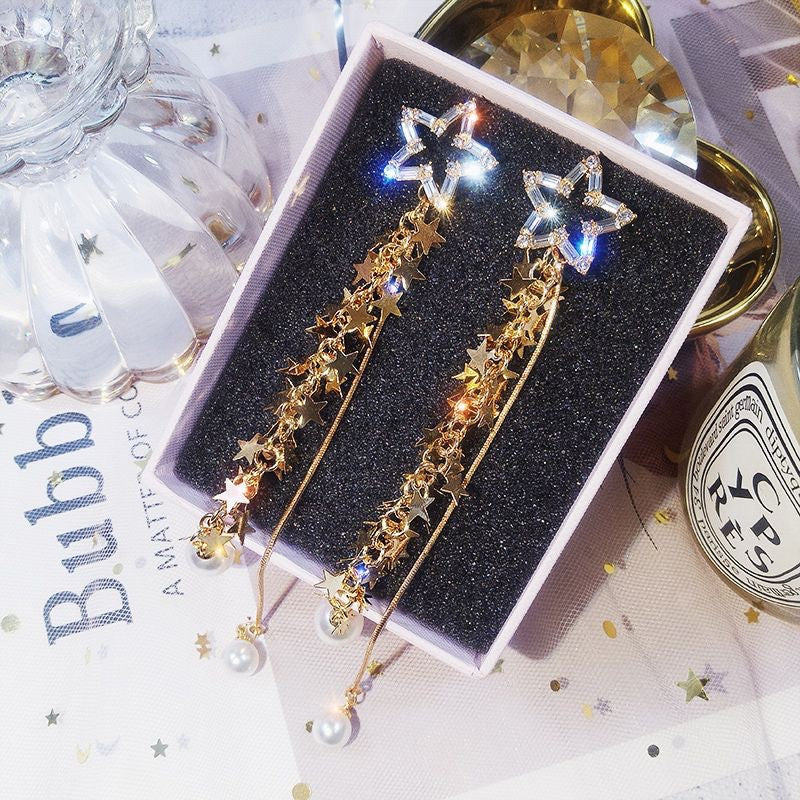 BlingBling Stars Tassel with Pearl Earrings