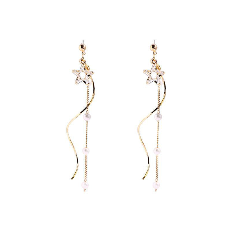 Single Star with Slinky Wave and Pearl Tassels Earrings