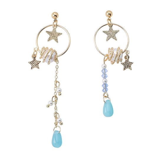 Asymmetric Hoop with Stars and Pearls Tassel Earrings