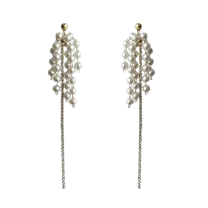 Multi-Strings Pearls with Single Slinky Rhinestones Earrings
