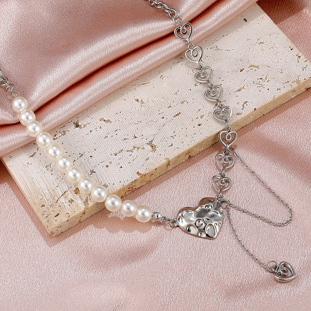 Multi-Hearts Joint Pearls with Single Heart Tassel Necklace