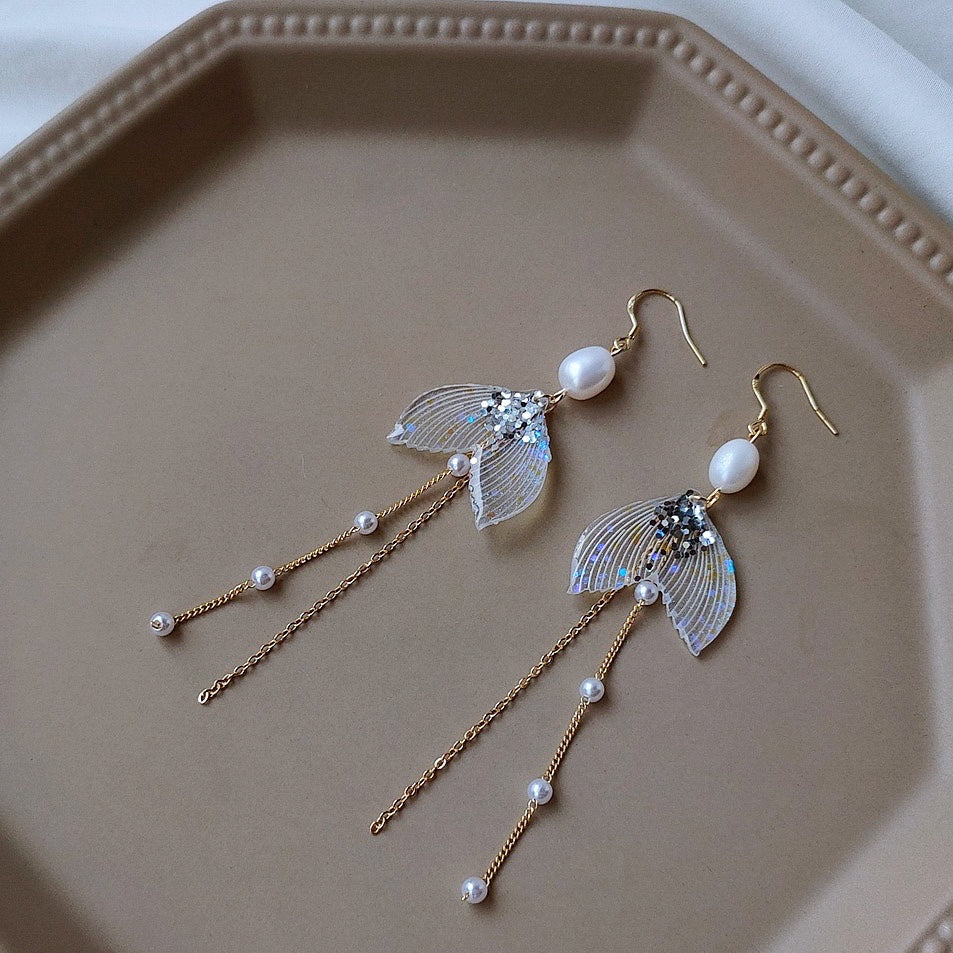 Shinny Fish Tail with Pearls Tassel Earrings