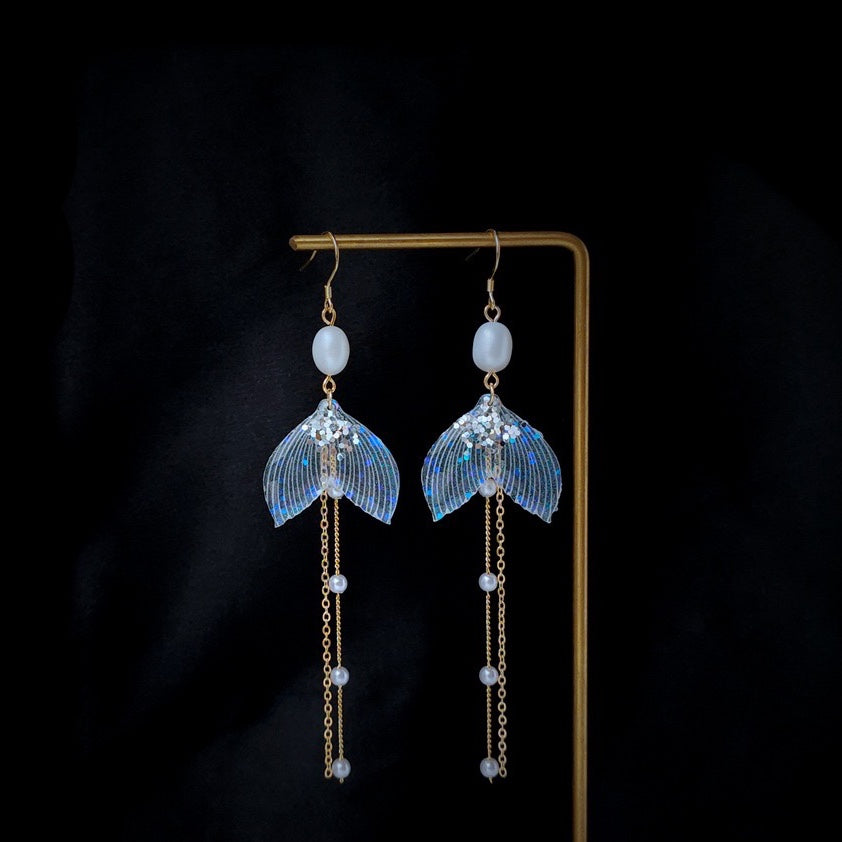 Shinny Fish Tail with Pearls Tassel Earrings