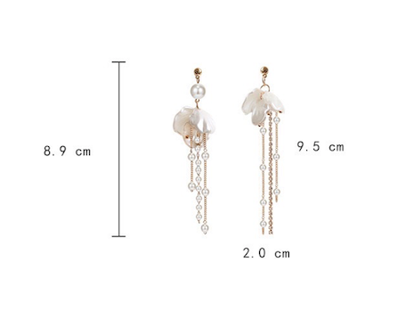 Asymmetric Shell with Pearl and Rhinestone Tassel Earrings