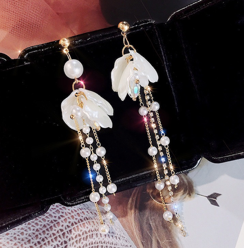 Asymmetric Shell with Pearl and Rhinestone Tassel Earrings