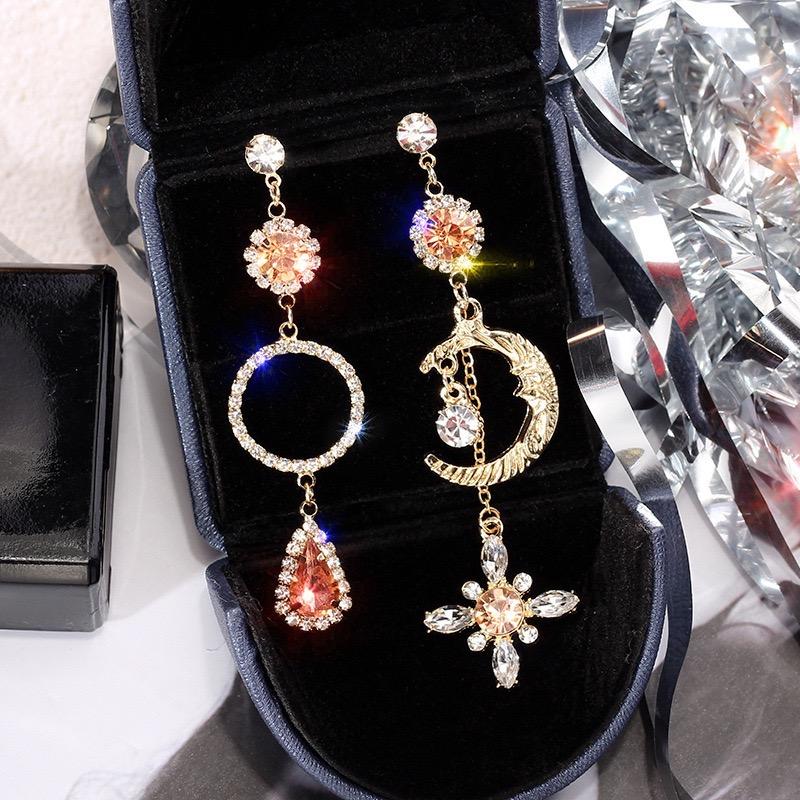 Asymmetric Sun and Moon Sparkling Long Earrings