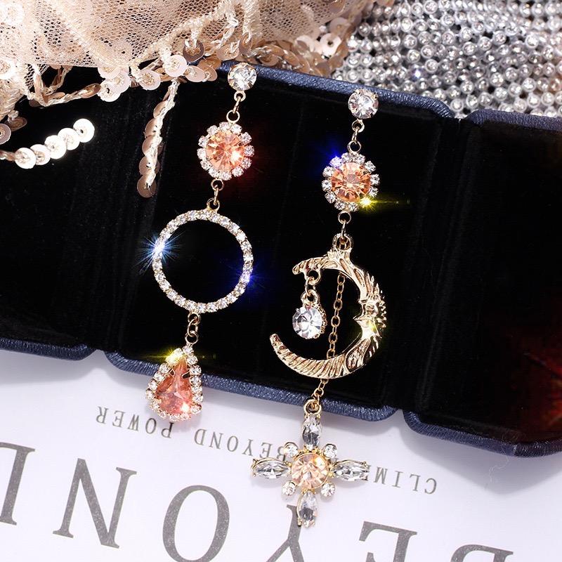 Asymmetric Sun and Moon Sparkling Long Earrings