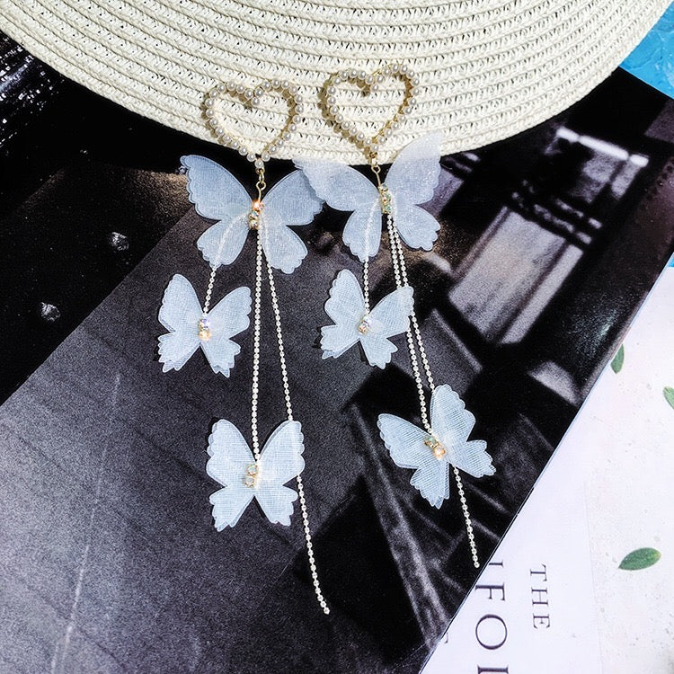 Bohemia Lace Butterfly with Triple Pearl Tassel Earrings