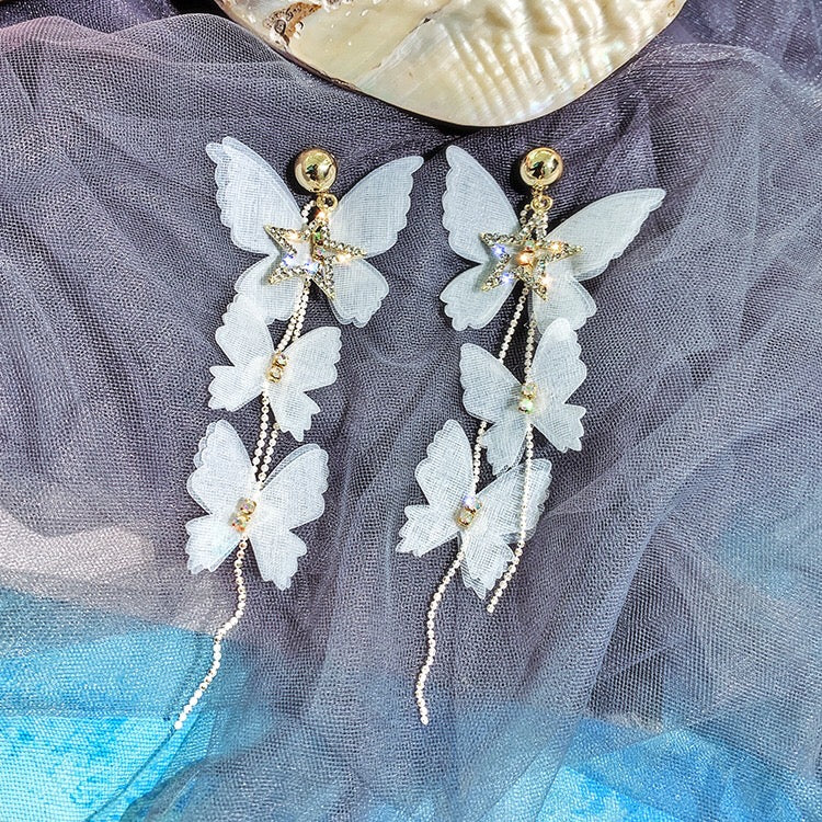 Bohemia Lace Butterfly with Triple Pearl Tassel Earrings