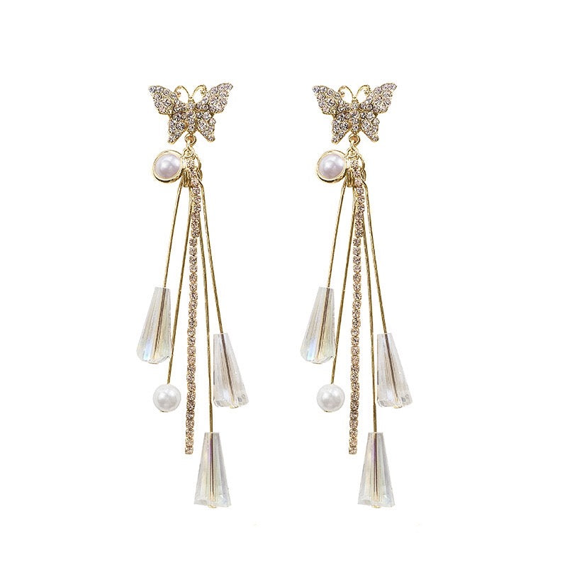 Butterfly with Pearl and Crystal Tassel Earrings