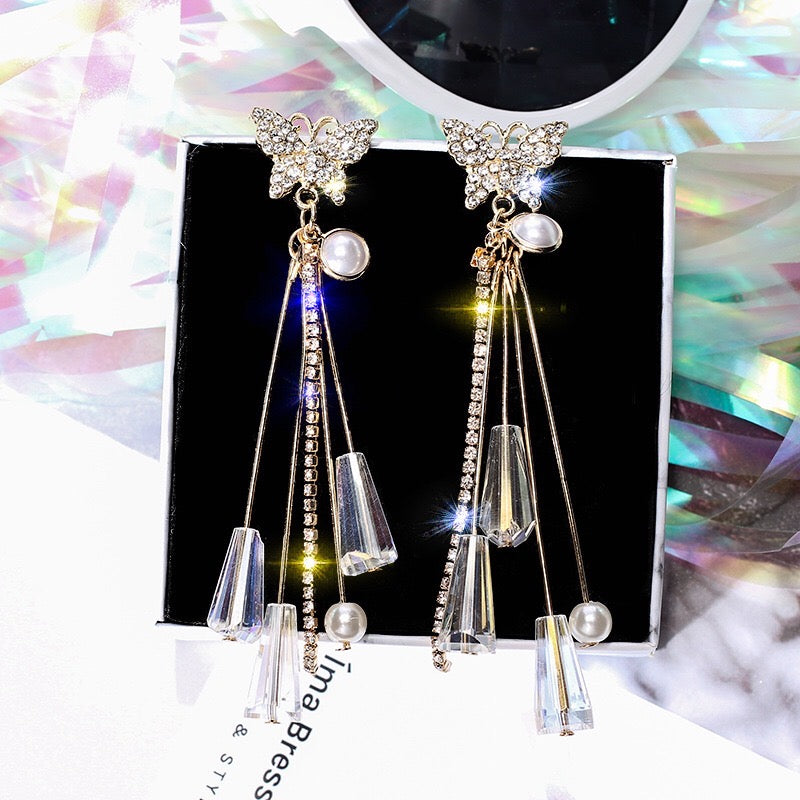 Butterfly with Pearl and Crystal Tassel Earrings