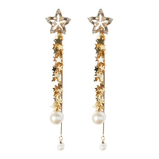 BlingBling Stars Tassel with Pearl Earrings