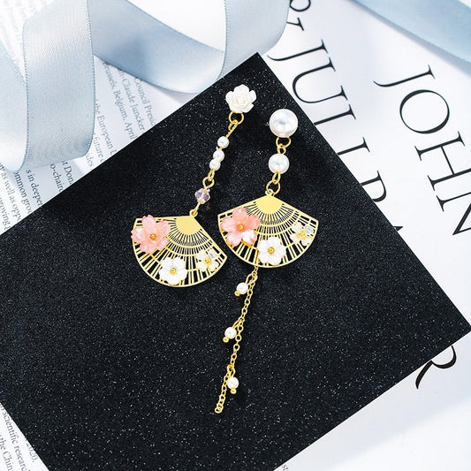 Asymmetric Oriental Flower-on-Fan Earrings