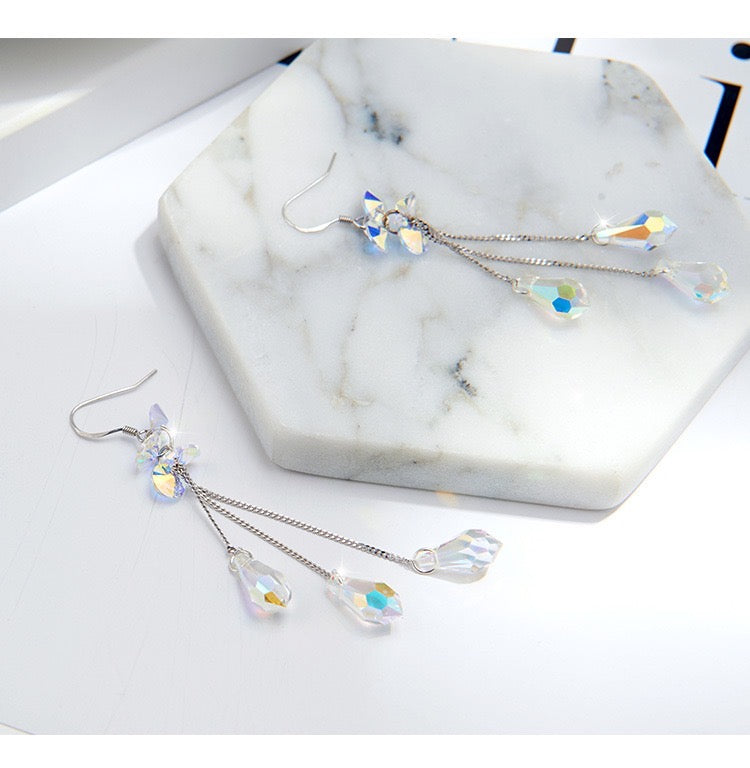 Multi-Crystal with Tassel Long Earrings
