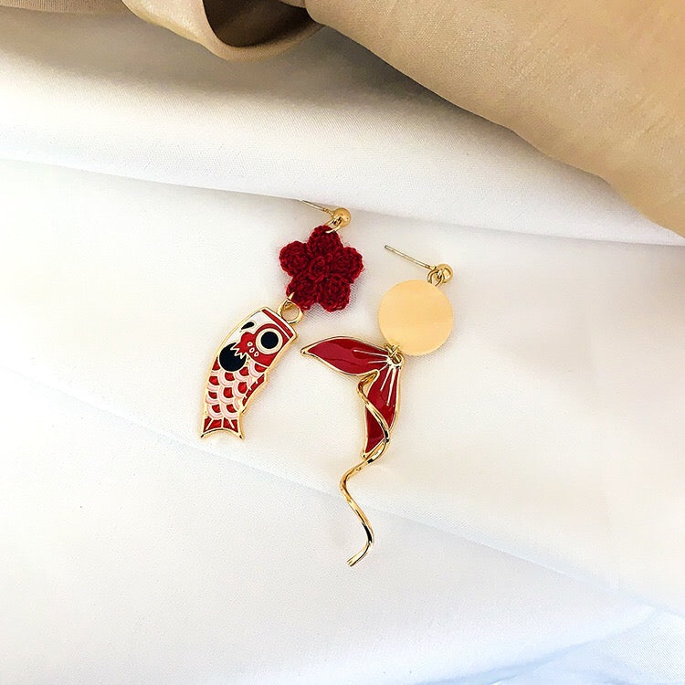 Asymmetric Red Koi Earrings