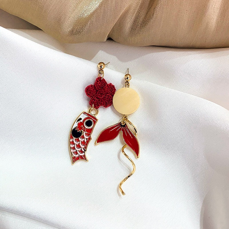 Asymmetric Red Koi Earrings