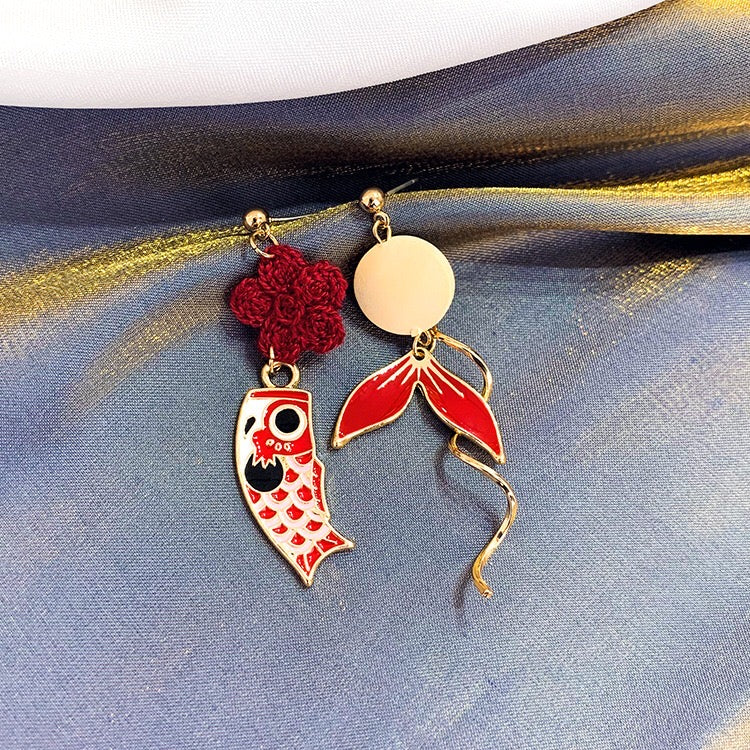 Asymmetric Red Koi Earrings