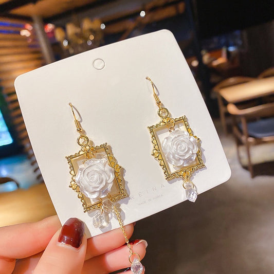 Asymmetric Rose-in-Photo Frame with Pearl Tassel Earrings