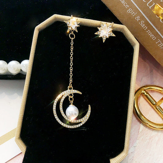 Asymmetric Star with Moon Tassel Earrings
