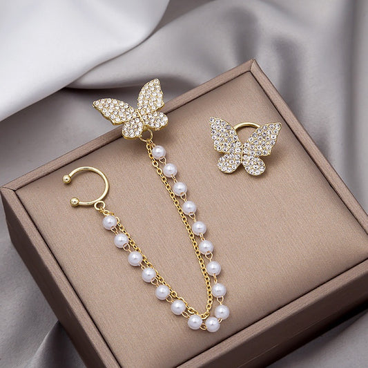 Asymmetric Butterfly Earring with Pearl Ear Clip