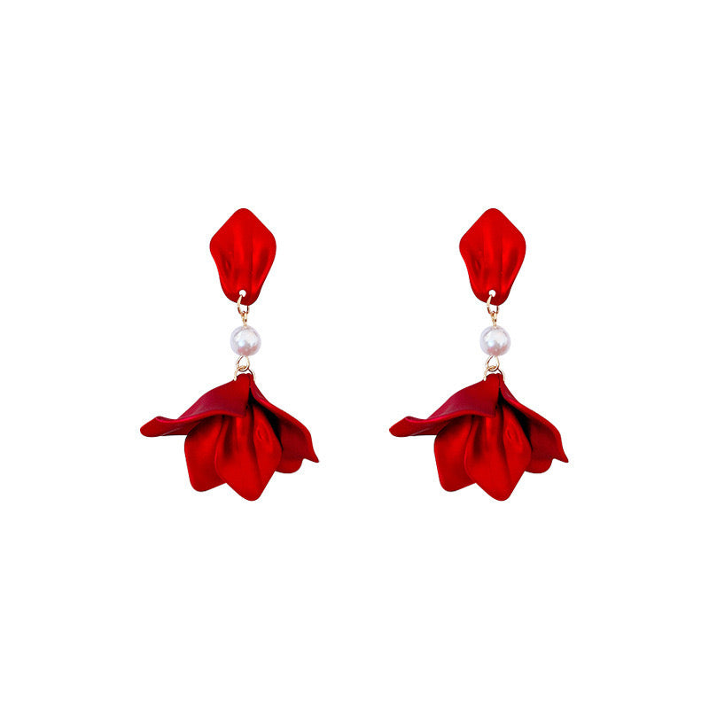 Drip Glaze Flower Pedals with Pearl Short Earrings