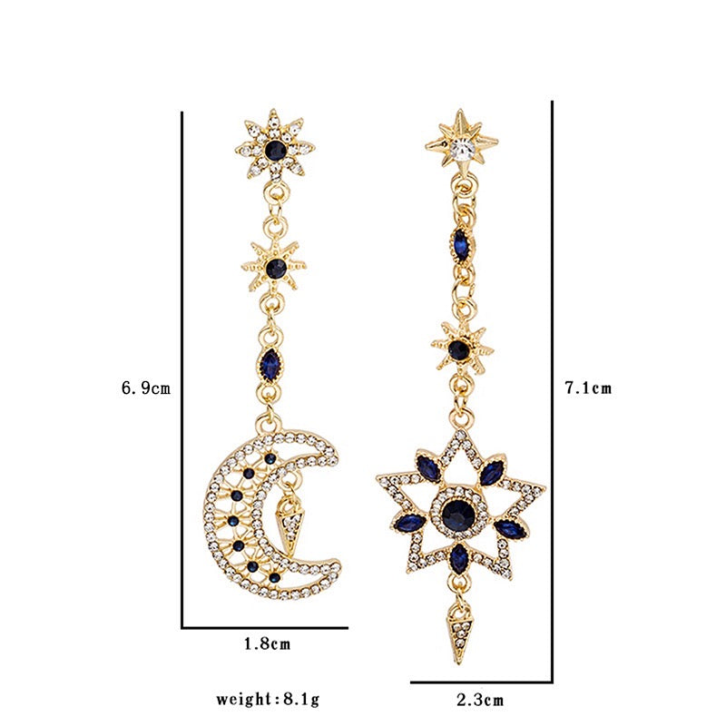 Asymmetric Eight-Pointed Start with Sapphire Moon and Star Earrings
