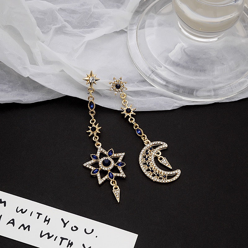 Asymmetric Eight-Pointed Start with Sapphire Moon and Star Earrings