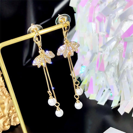 Shinning Lotus with Dual Pear Tassels Long Earrings