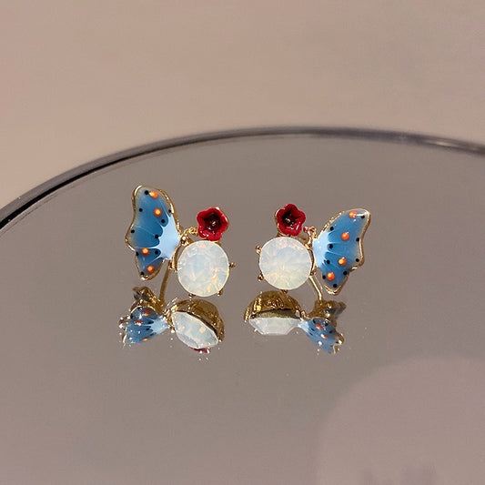Blue Butterfly Play with Red Flower-on-Stone Ear Stud
