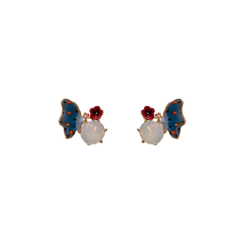 Blue Butterfly Play with Red Flower-on-Stone Ear Stud