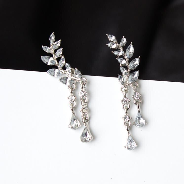 Rhinestone Leaf with Tassels Earrings