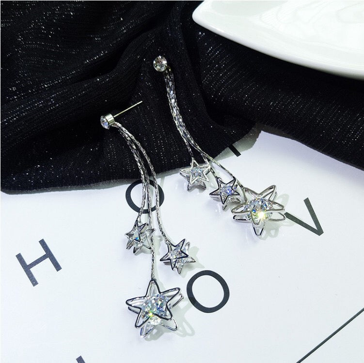 Triple Rhinestone Star Tassels Earrings