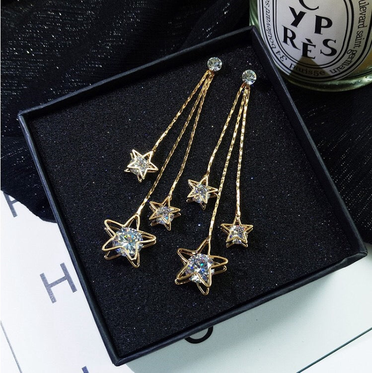 Triple Rhinestone Star Tassels Earrings
