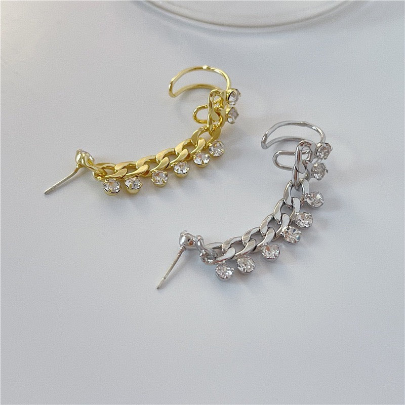 Chain with Multi-Rhinestones Single Ear Stud and Clip