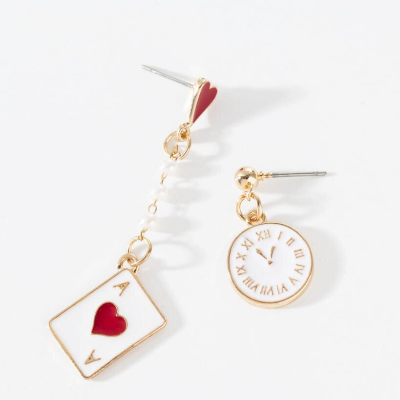 Asymmetric Dreamy Clock and Poker Card Earrings