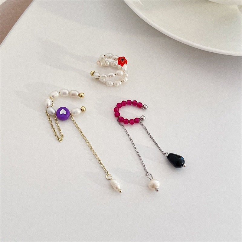Single Coloured Crystals and Pearls Ear Clip Collection