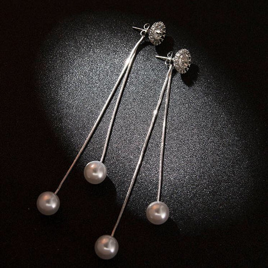 Sunshine Rhinestone Long Slinky Tassel with Pearls Earrings