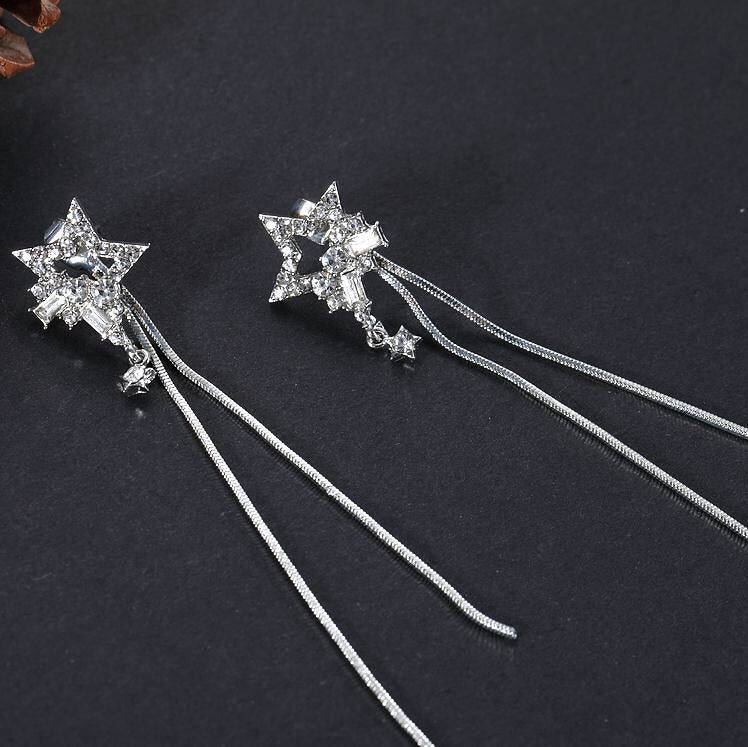 Transformable Dual Rhinestone Stars with Tassels Earrings