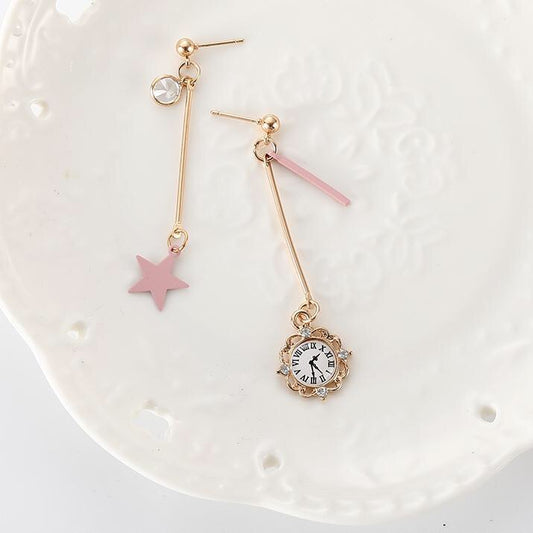 Asymmetric Star and Clock Dangling Earrings