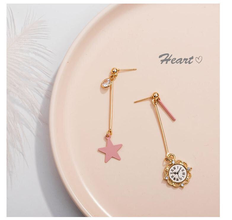 Asymmetric Star and Clock Dangling Earrings