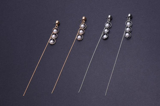 Triple Pearl-in-Hoop Long Single Tassel Earrings