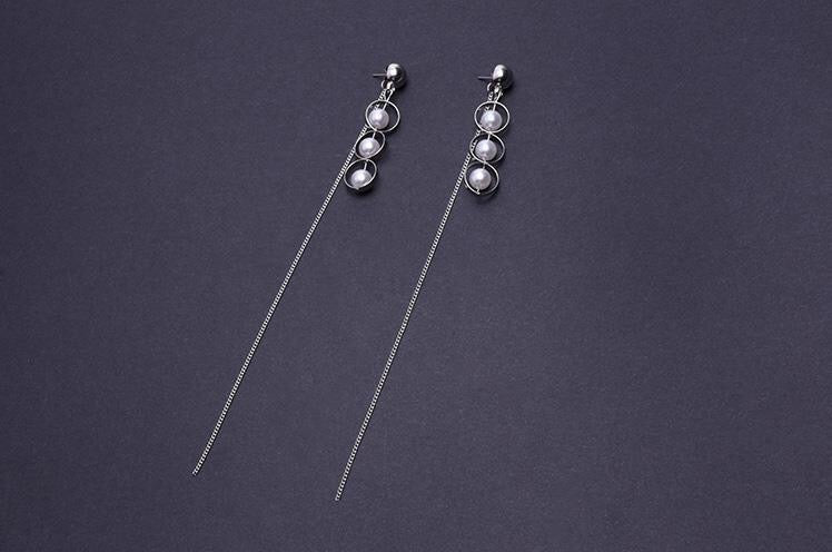 Triple Pearl-in-Hoop Long Single Tassel Earrings