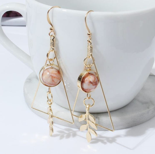 Stone Ball and Leaf in Triangle Earrings