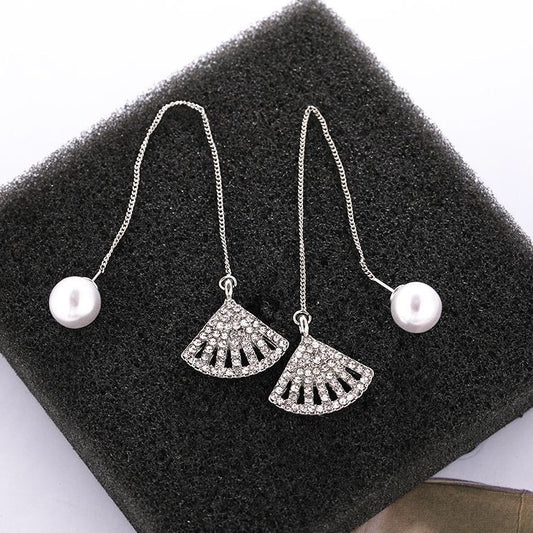 Pearl Stud with Long Chained Rhinestone Fan Earrings