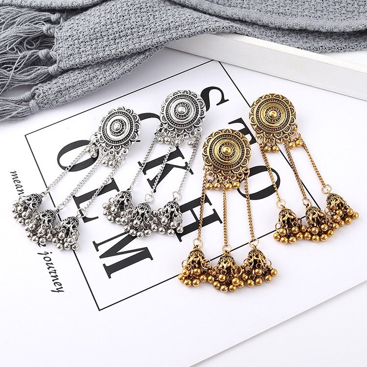 Vintage sunflower triple bell tassel earrings