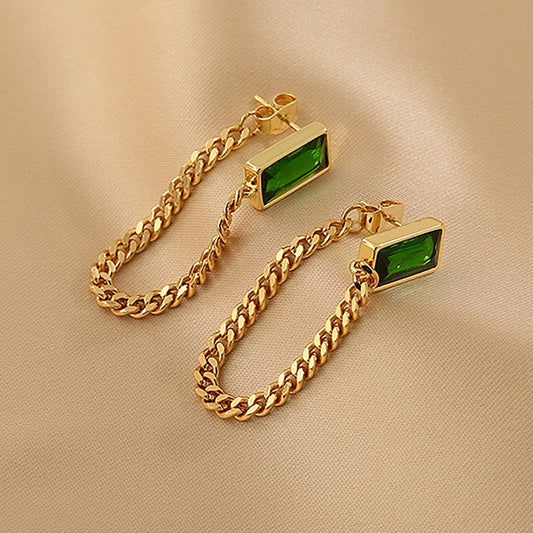Rectangular Emerald Chain Earrings